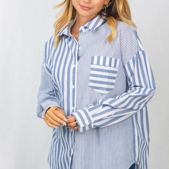 new WHITE BIRCH WOVEN BUTTON DOWN SHIRT BLOUSE western boho stripe blue SM-4X - Picture 6 of 8